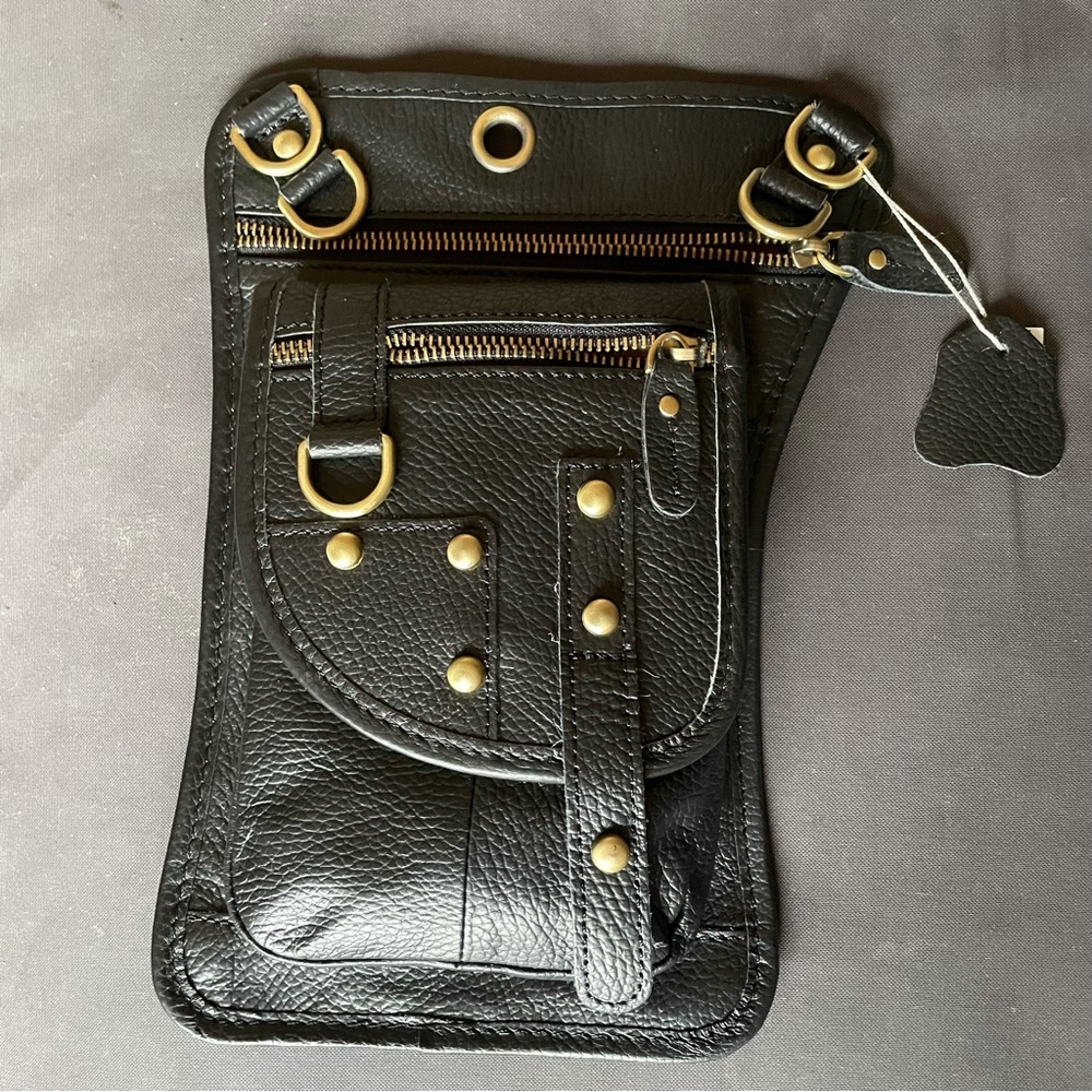 Black Leather Belt Bag with Gold Accents
